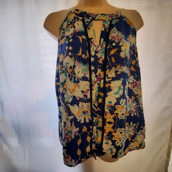 Collective Concepts Tops - Collective Concepts Floral Keyhole Blouse - Blue and Yellow